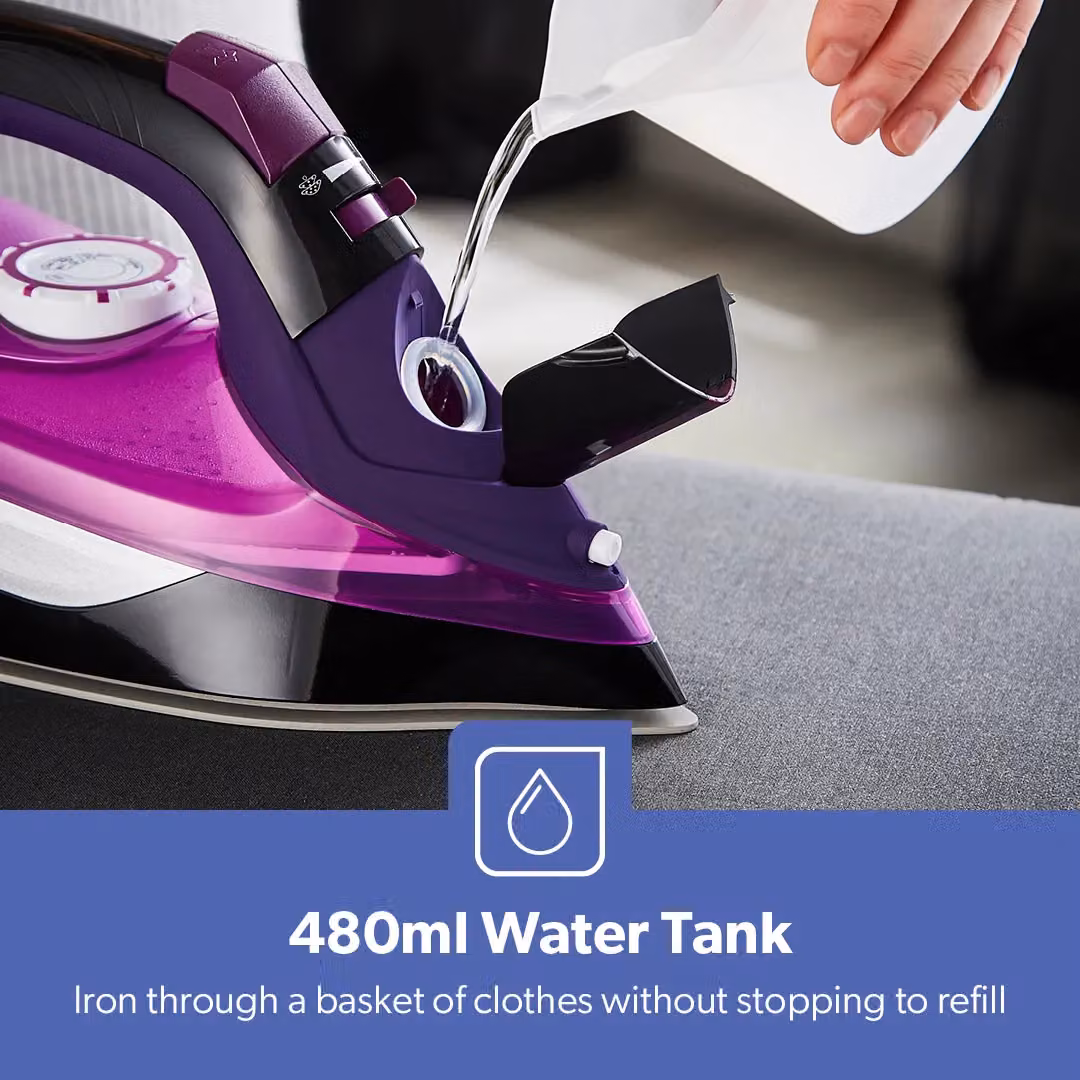 Geepas Steam Iron with Ceramic Non-Stick Soleplate and Vertical Steam Function, Purple, 480ml Tank – 7