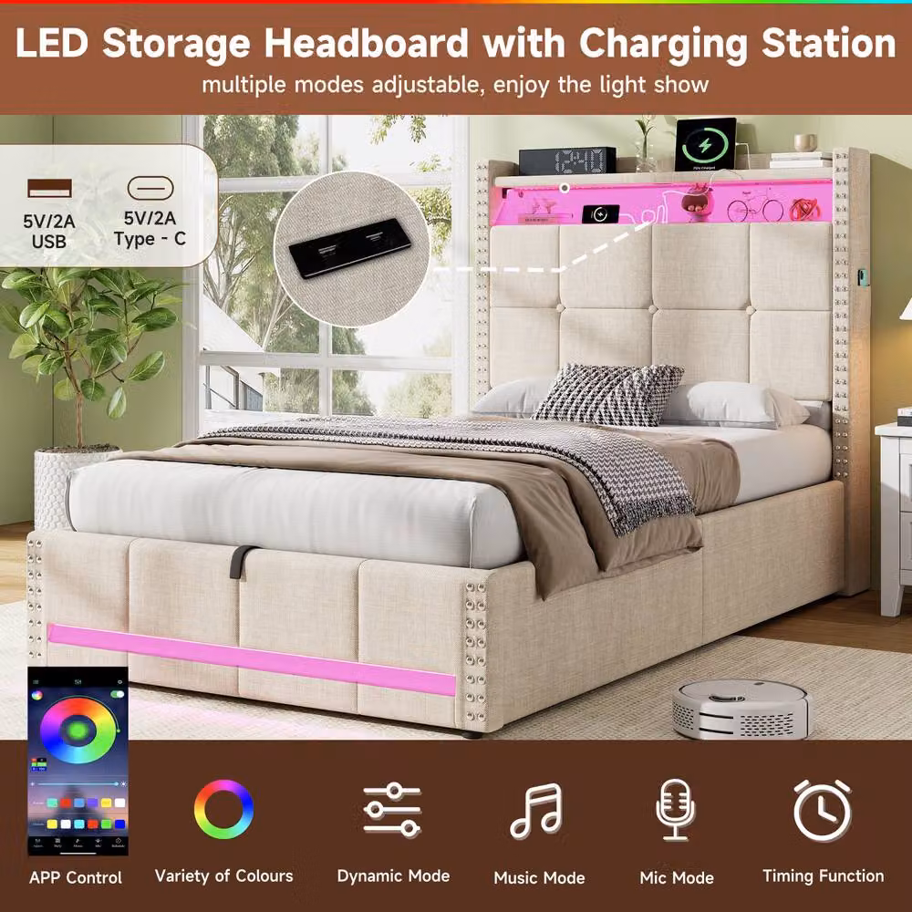 ModernLuxe Upholstered Single Ottoman Bed with LED Storage Headboard and USB Charging Port in Beige, W/D/H: 90 x 190 x 115 cm – 5