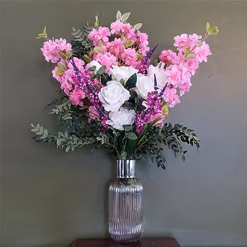 Leaf Design Mixed Floral Artificial Flower Display with Glass Vase in White and Pink – 2