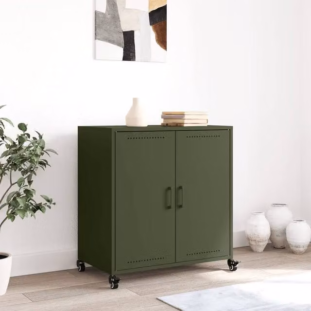 Berkfield Home Industrial Metal Sideboard in Matt Olive Green, W/D/H: 68.5 x 39 x 72 cm – 1