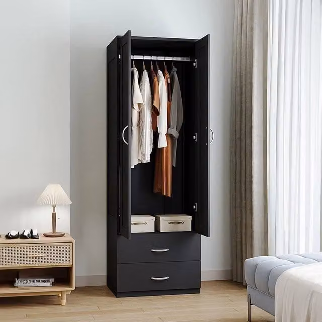 KORVIXA Black Modern Bedroom Wardrobe with Integrated Drawers and Hinged Doors, H 180 x W 100 x D 100 cm