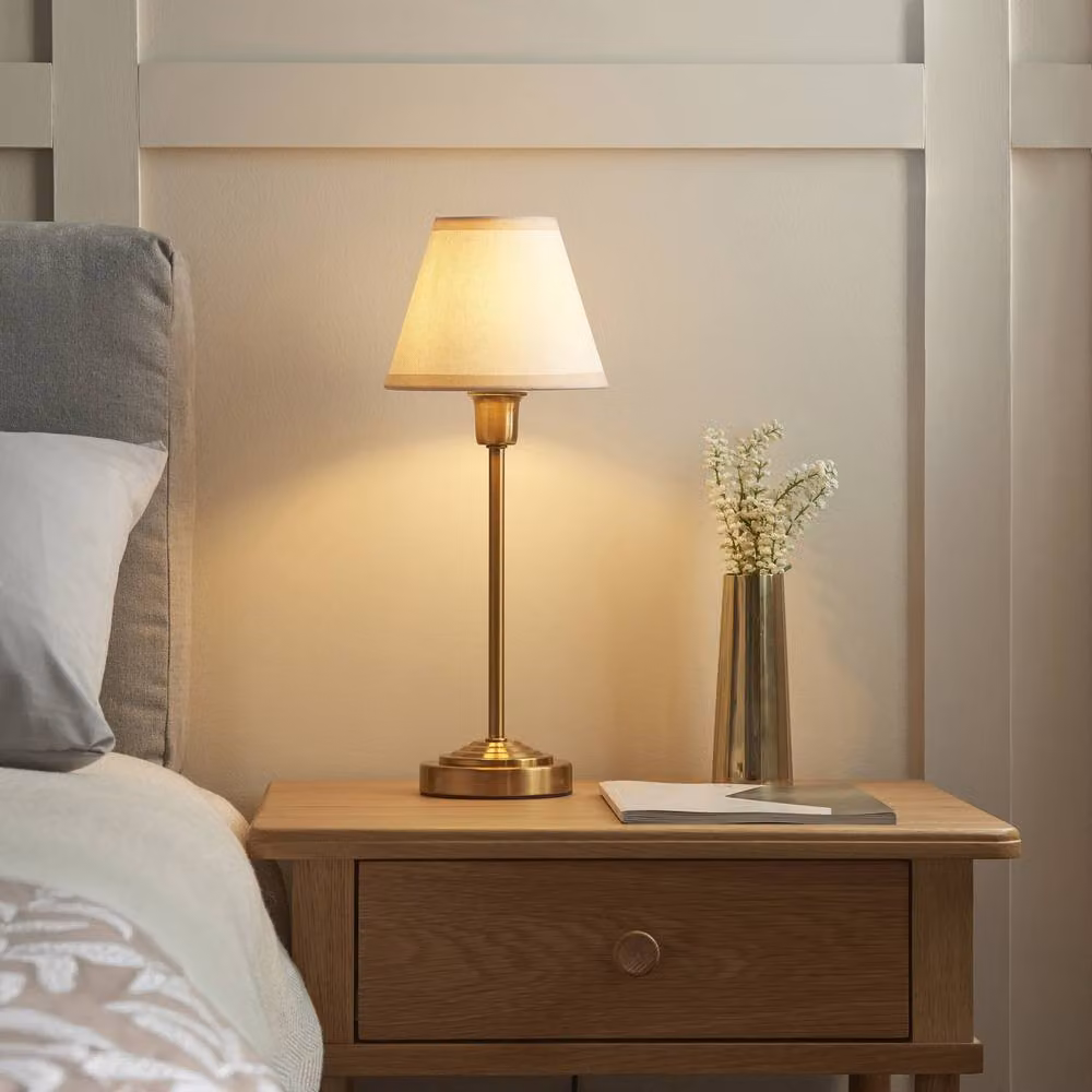 Netlighting Rise Vintage Table Lamp with Brass Finish and White Fabric Ivy Shade, E14, 16 cm – 2