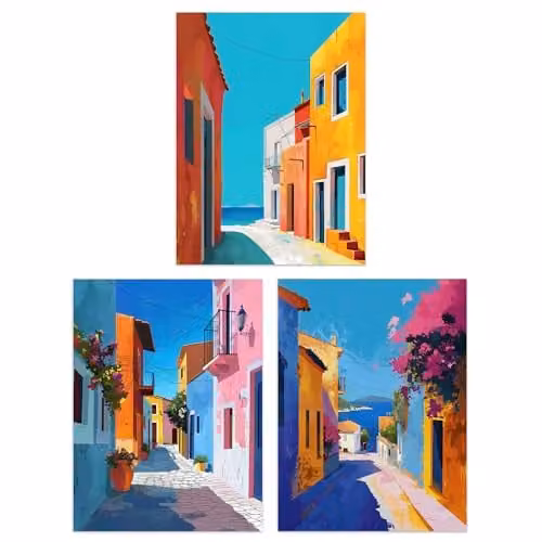 Artery8 Set of 3 Multicolour Greek Coastal Street Wall Art Paper Prints, W: 21.0 cm, H: 29.7 cm – 1