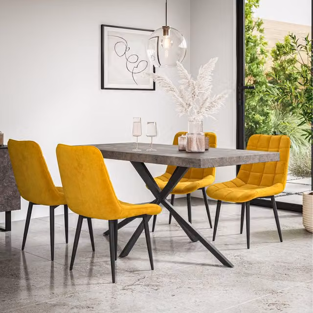 More4Homes Donni Dining Set with Concrete Effect Rectangular Table and 6 Nova Velvet Chairs in Mustard Yellow