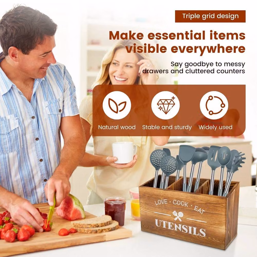 FORGEVIO Brown Wooden Freestanding Kitchen Utensil Holder – 2