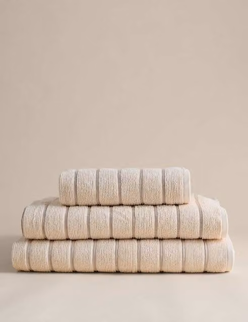 M&S Fluffy Pure Cotton Striped Towel in Beige and Multicolour
