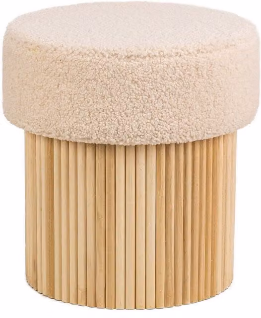 Nordlys White Bouclé Cylindrical Living Room Pouf with Brown Wooden Base