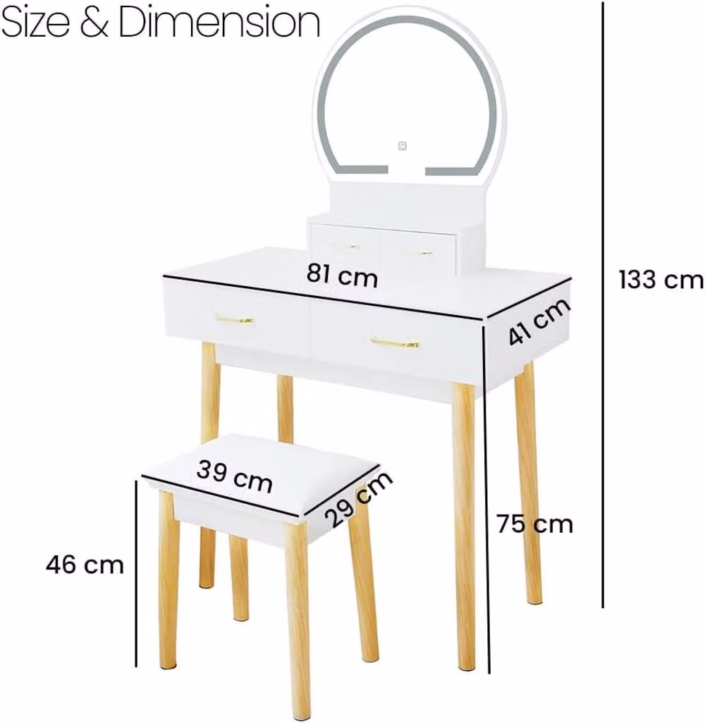 Alivio Women's Dressing Table Set with LED Hollywood Mirror, Cushioned Stool and 4 Drawers in White and Gold – 2