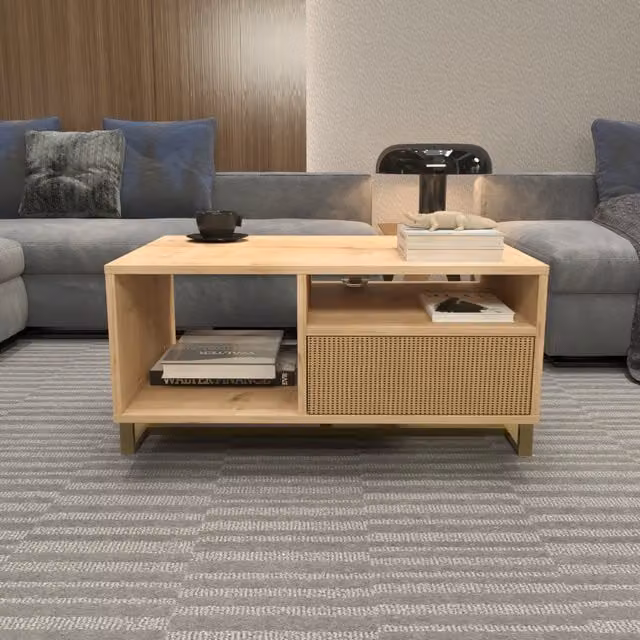 Decorotika Utopia Coffee Table in Brown, Yellow and Beige with Rattan and Metal Details