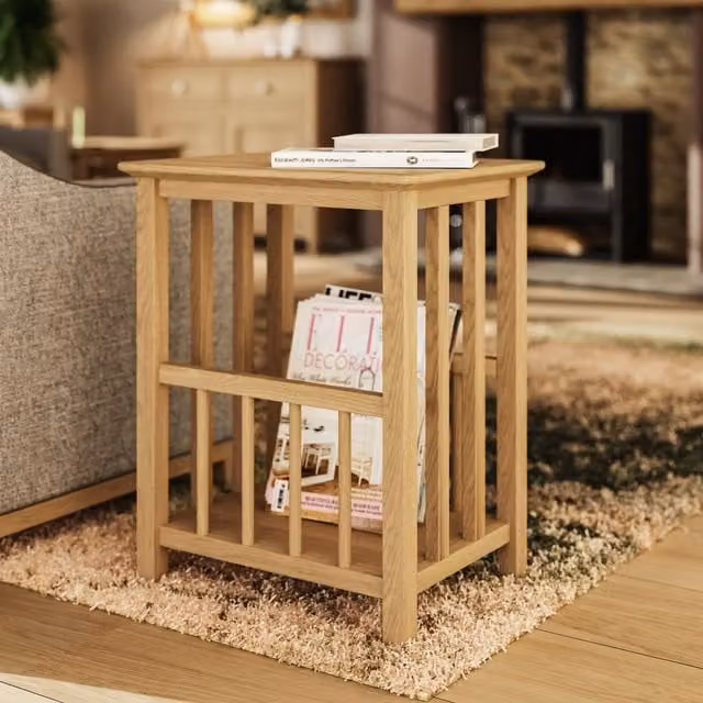 FWStyle Magazine Rack Side Table in Natural Oak Veneer with Lacquered Finish, Height: 45 cm