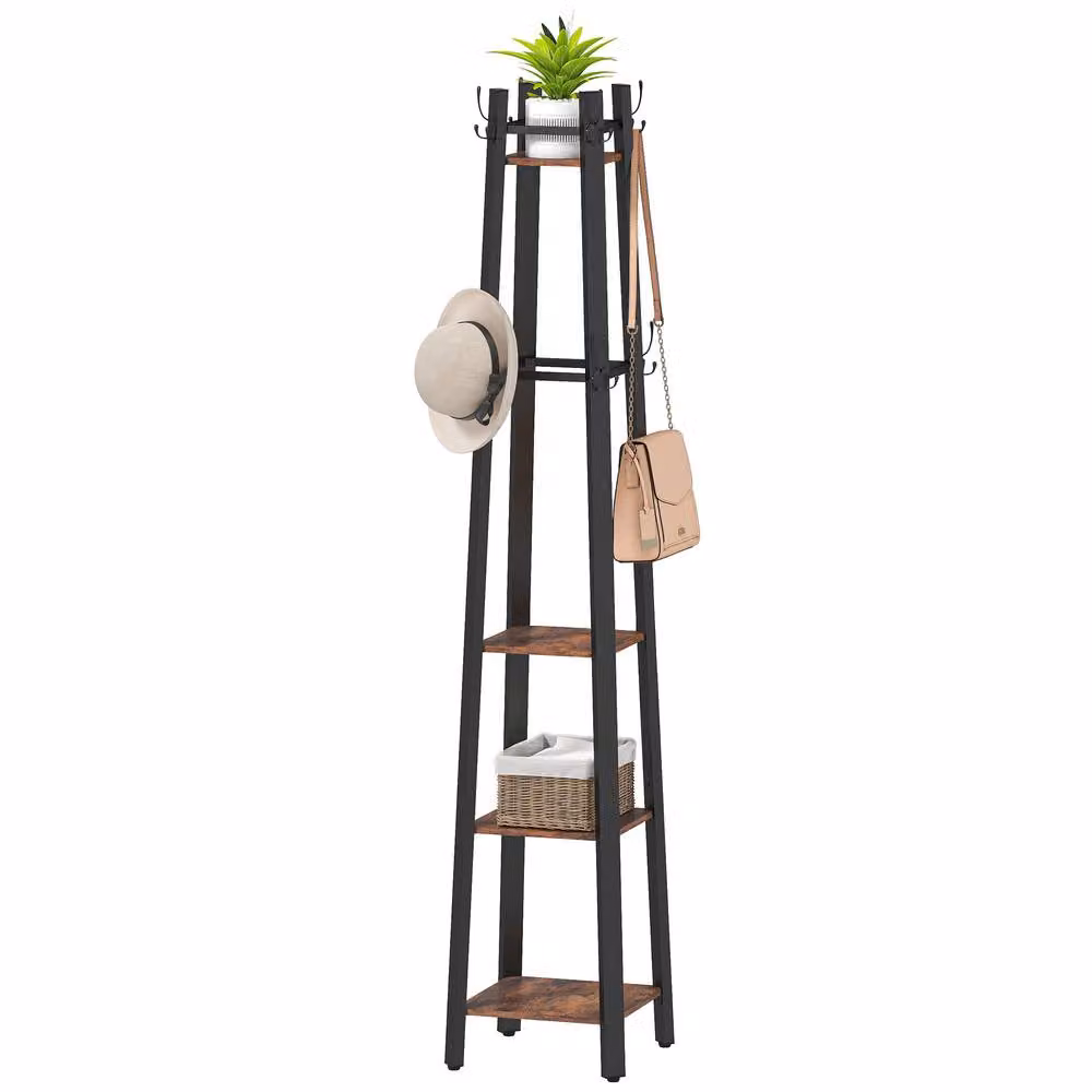 STILVORA Industrial Post Tree Coat Stand with 8 Hooks and 4 Shelves in Brown and Black Metal – 3