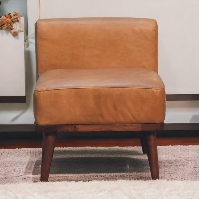 Artisan Furniture Scandinavian Mango Wood and Brown Leather Footstool with Backrest W/D/H: 60 x 50 x 50 cm
