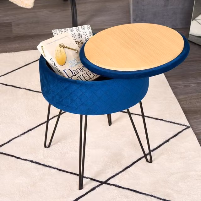 OHS Modern Velvet Quilted Storage Hairpin Stool in Blue