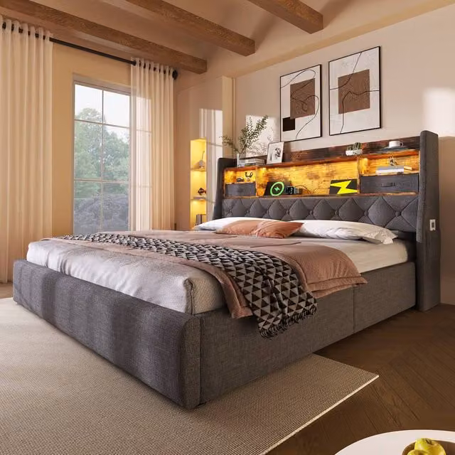 Rolipo Grey Linen Hydraulic Storage Double Bed with LED Lighting and USB Charging Port, W/D/H: 140 x 200 x 135 cm – 1