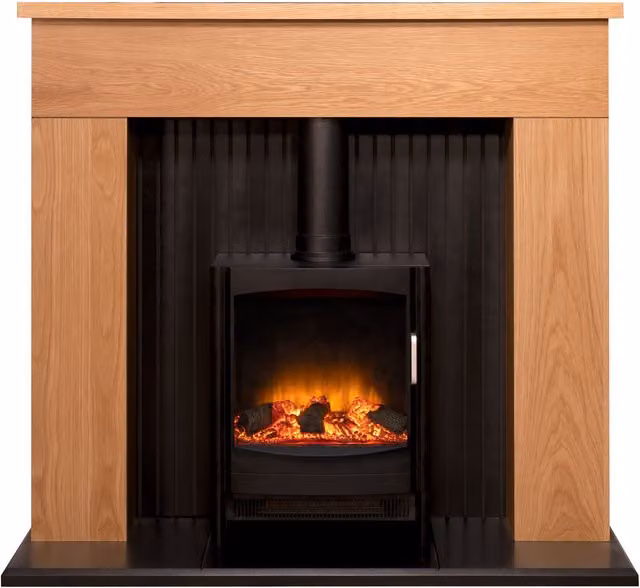 Adam Fires & Fireplaces Innsbruck Stove Fireplace in Oak with Keston Electric Stove, Black, Width: 114.3 cm – 1