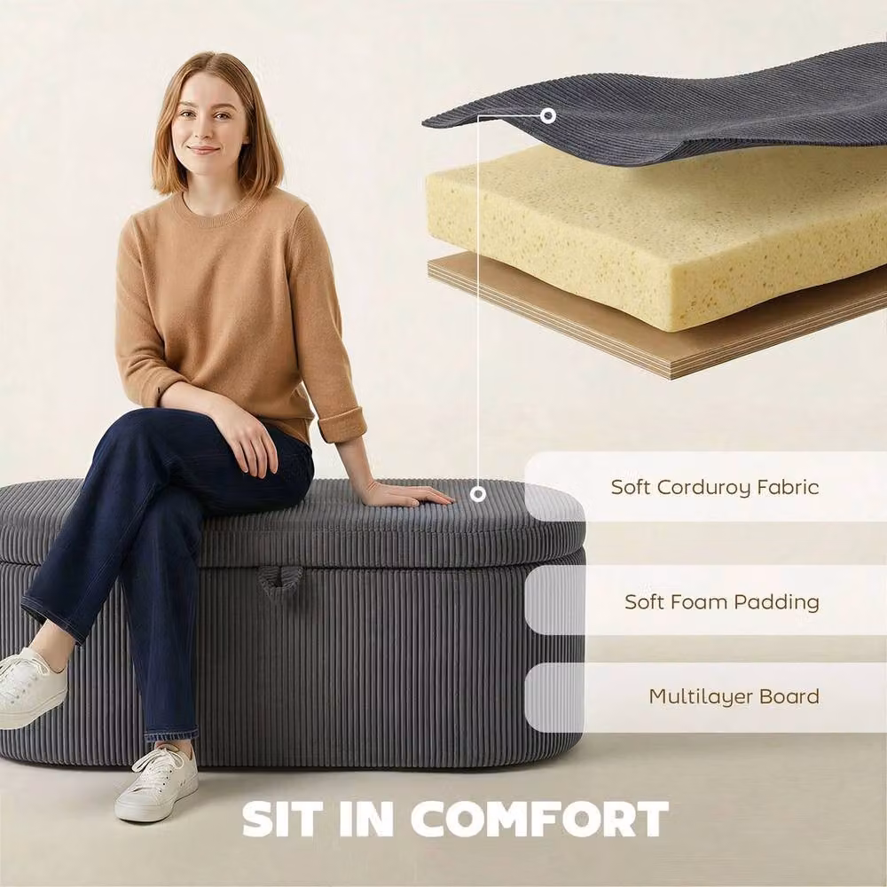 KORVIXA Grey Corduroy Ottoman Storage Box with Padded Seat, W/D/H: 100 x 100 x 45 cm – 4