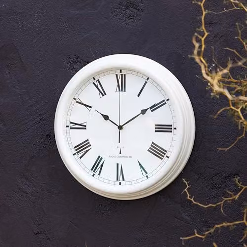 Primrose Radio Controlled Outdoor Garden Clock in Antique White, Diameter: 38 cm – 2