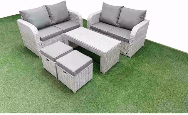 Fimous 6 Seater Outdoor Rattan Garden Set in Light Grey with Dark Grey Fabric Upholstery