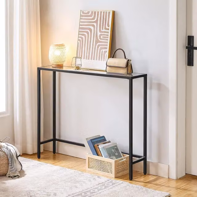 Storvo Black Metal and Glass Minimalist Hallway Console Table W/D/H: 100 x 22 x 80 cm