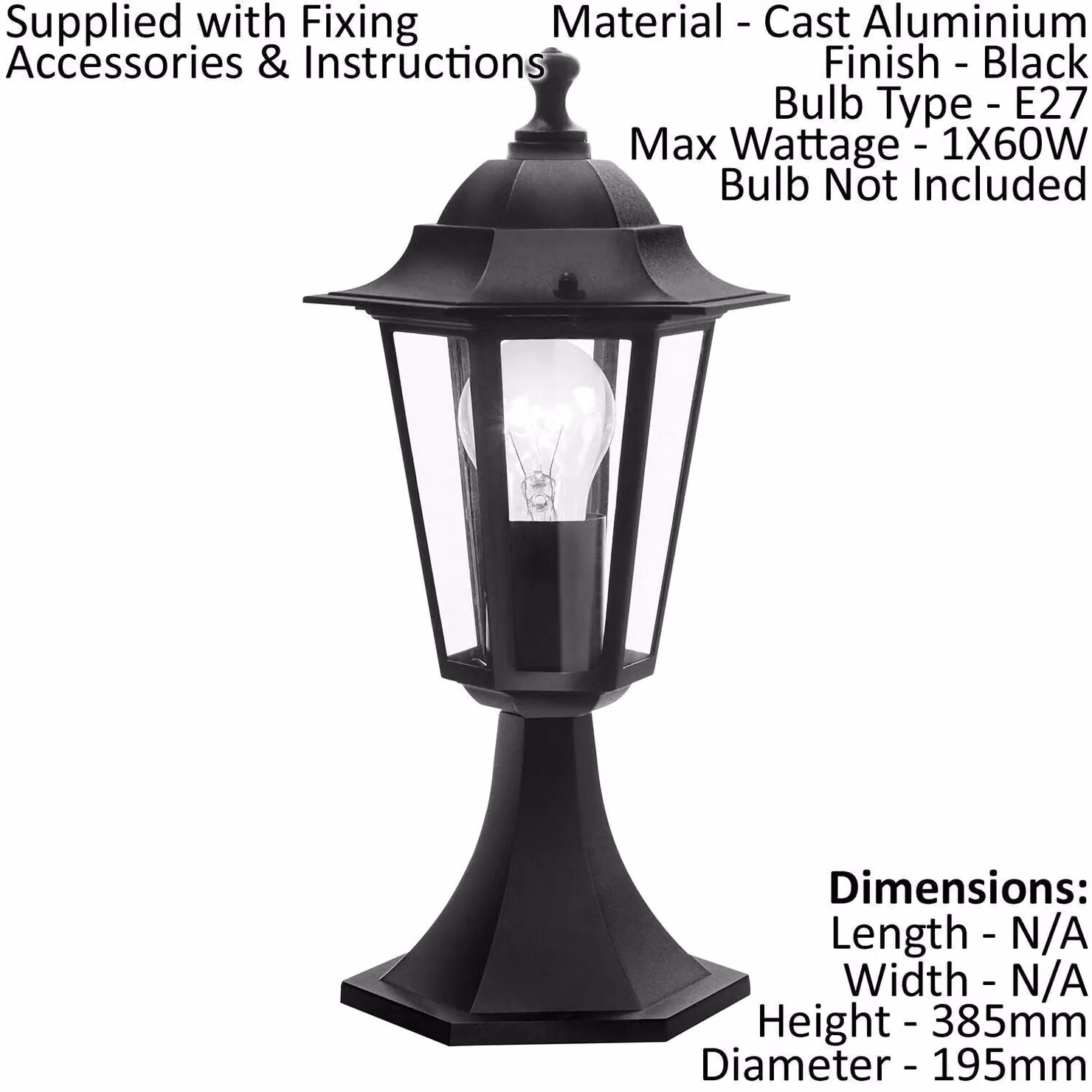 Loops 2 Pack Black Aluminium IP44 Outdoor Pedestal Lanterns for Garden and Porch with E27 Bulb Socket – 2