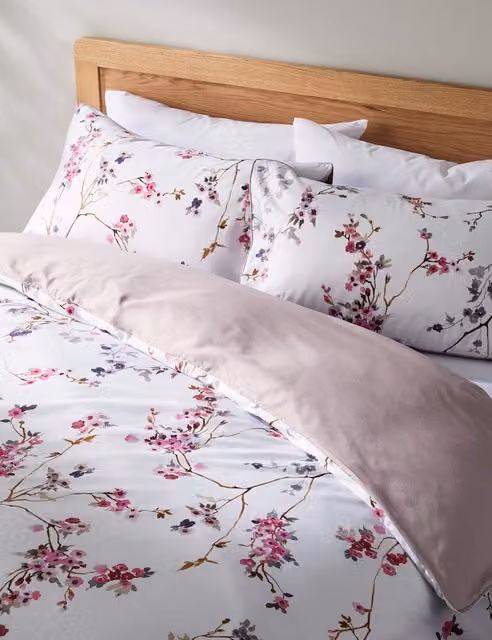 M&S Cherry Blossom Floral Cotton Mako Satin Bedding Set, Pink and White, W: 140 cm, L: 200 cm
