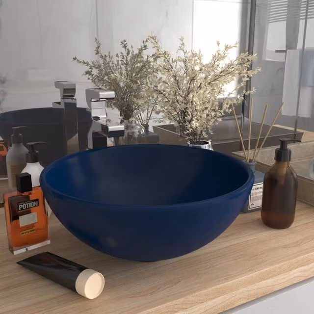Berkfield Home Luxury Round Ceramic Bathroom Basin in Matt Dark Blue, W: 32.5 cm, H: 14 cm