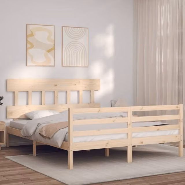 Berkfield Home Solid Pine Bed Frame with Headboard in Brown, W/D/H: 160 x 200 cm