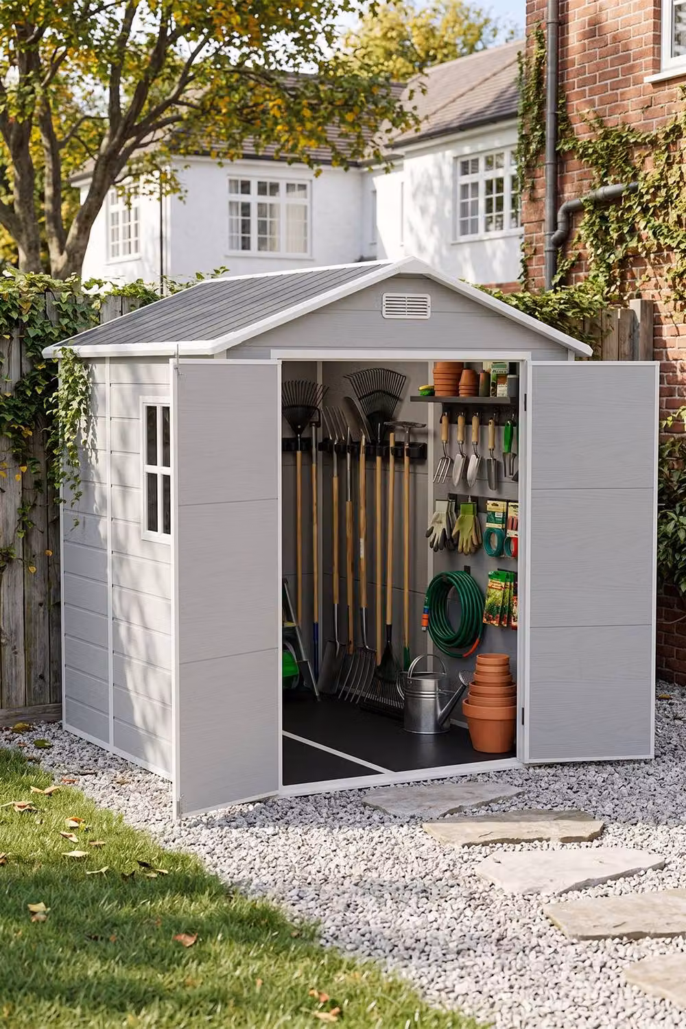 Living and Home Grey Plastic and Aluminium Outdoor Garden Storage Shed with Double Doors and Gable Roof, W: 182.88 cm, D: 244.5 cm, H: 218.0 cm – 3