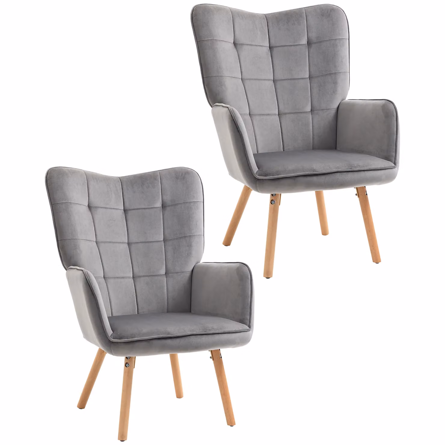 HOMCOM Set of 2 Modern Velvet Tufted Wingback Armchairs in Grey with Wood Legs, W/D/H: 71.0 x 76.0 x 101.0 cm – 2