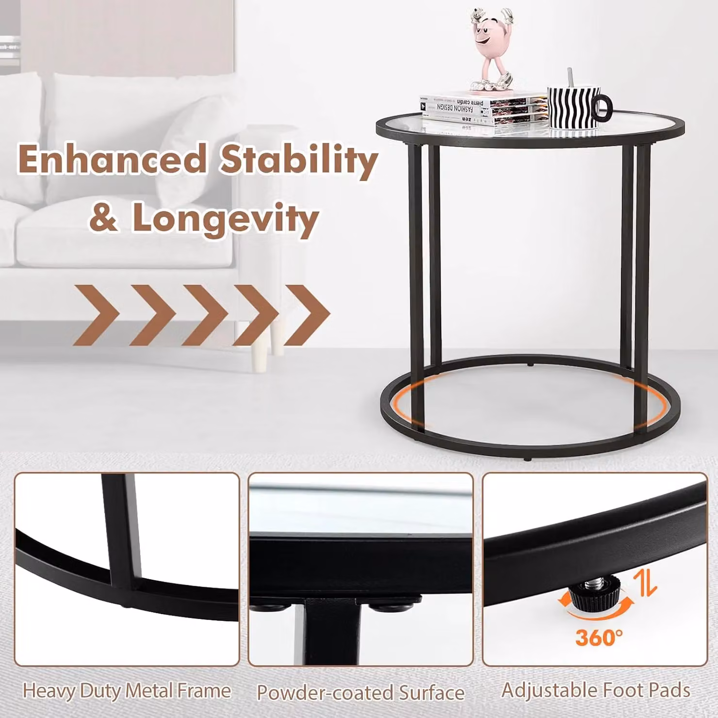 Gymax Round Glass End Table with Black Faux Marble Effect and Metal Frame, Diameter: 50 cm – 5