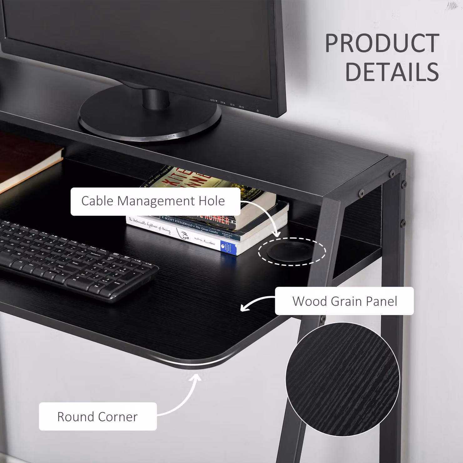 HOMCOM Black Minimalist Computer Desk with Storage Shelf for Home Office – 6