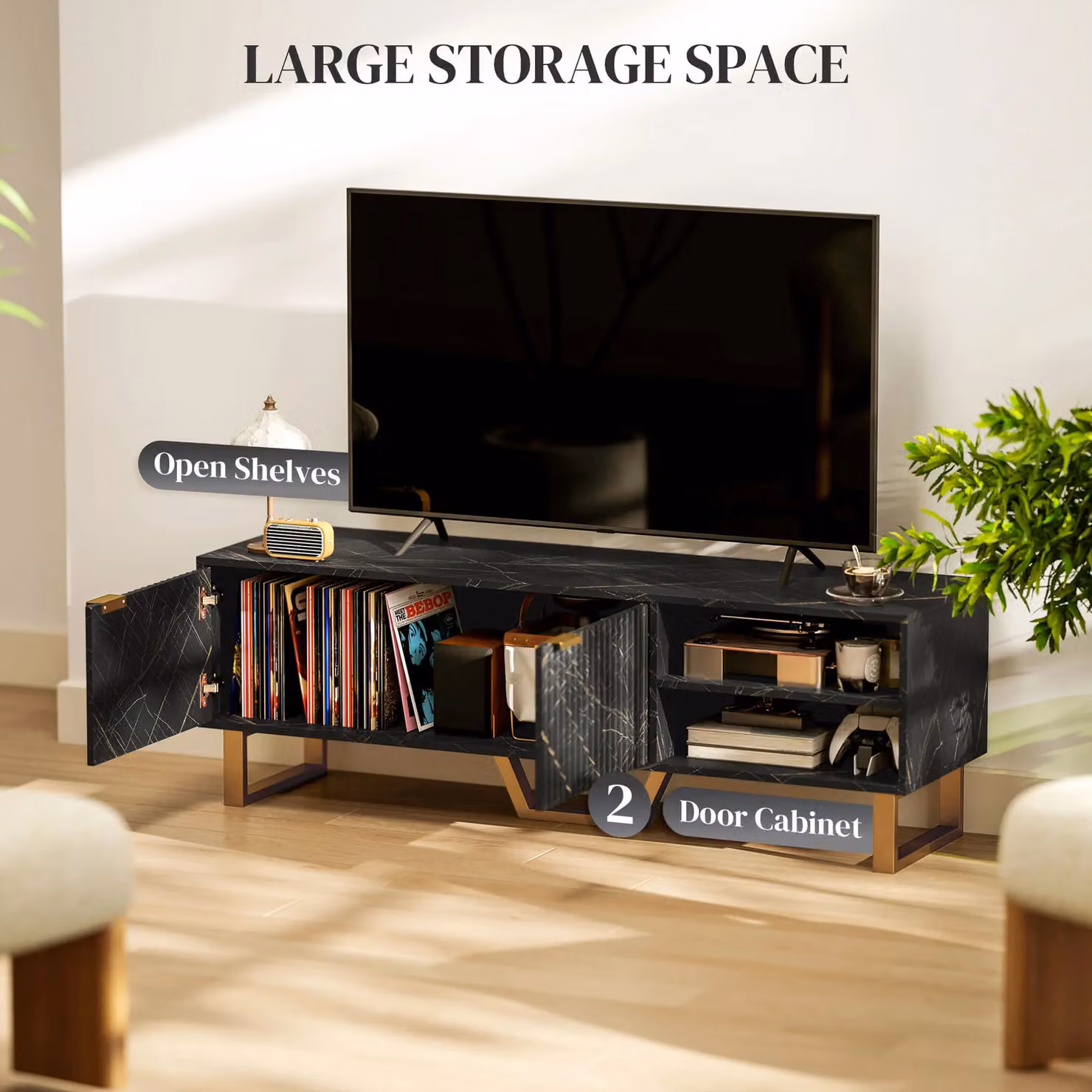 HOMCOM Modern TV Unit and Storage Cabinet with Shelves and Cupboard in Black and Gold – 5