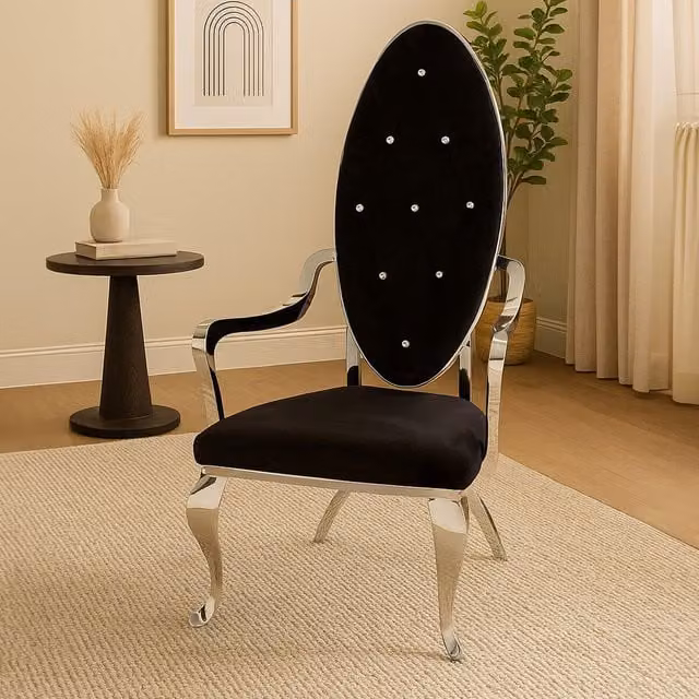 Orsina Silver Baroque Velvet Dining Chair with Armrests in Black and Silver