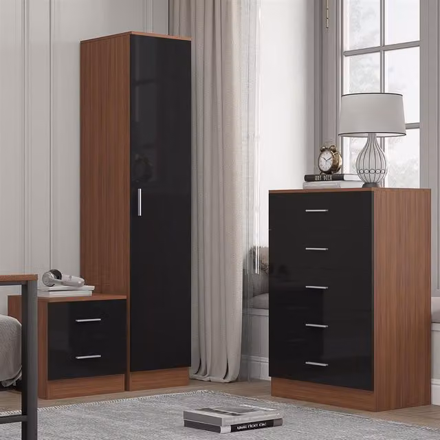REFLECT Bedroom Furniture Set with 1 Door Wardrobe, 5 Drawer Chest and Bedside Table in Black Gloss and Matt Walnut