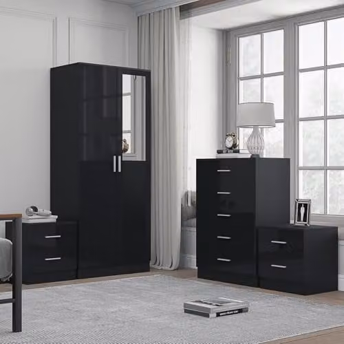 Reflect Modern Bedroom Furniture Set in Black Gloss and Black Oak Finish featuring 2 Door Mirror Wardrobe, 5 Drawer Tallboy Chest and 2x 2 Drawer Bedside Tables