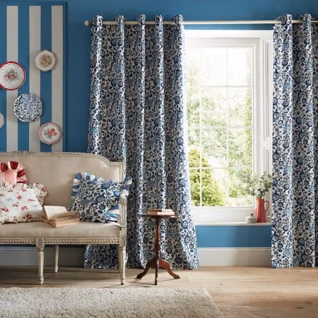 Cath Kidston Navy Blue Floral Strawberry Garden Ready Made Eyelet Blackout Curtains