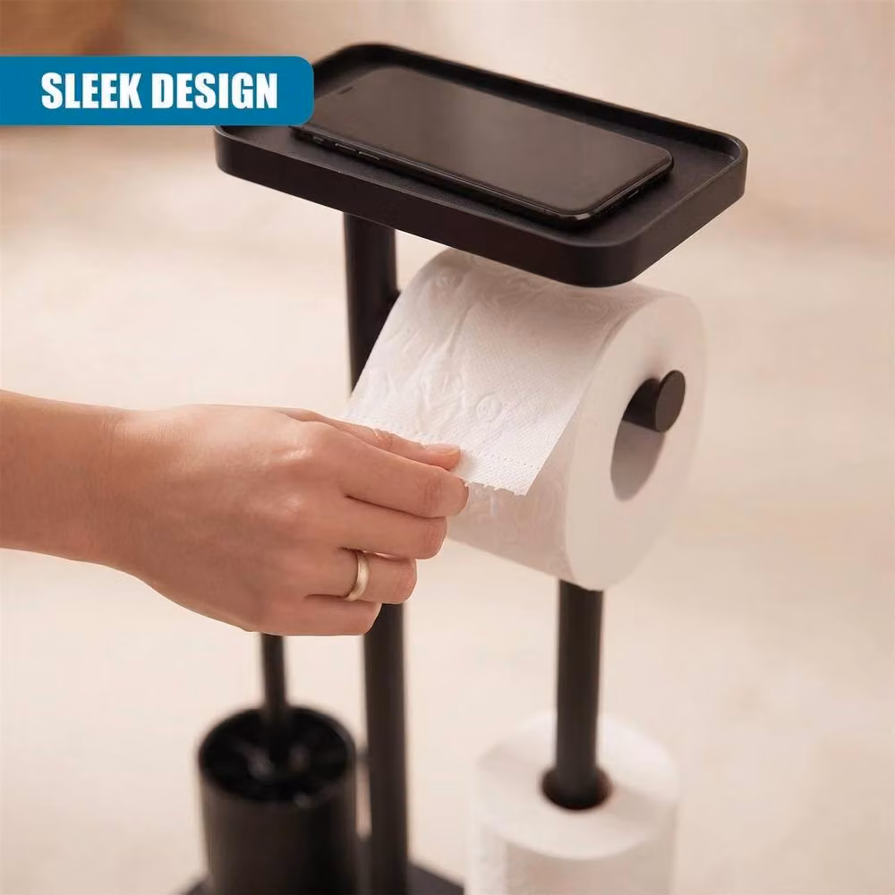 EONLION Free Standing Toilet Roll Holder with Shelf and Brush in Matt Black – 3