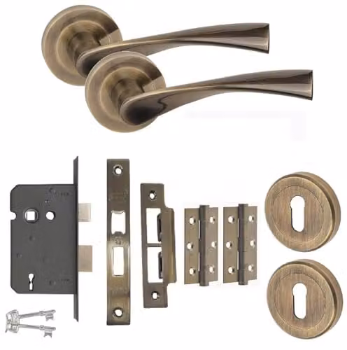 Golden Grace Astrid Key Lock Door Handle Set in Antique Brass