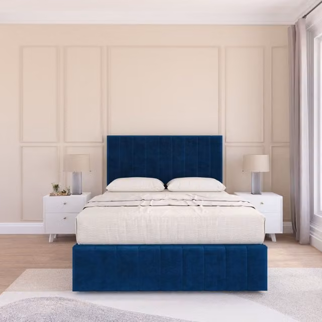 Sloomy California Divan Bed Set in Navy Blue Plush Velvet with Matching Footboard, W/D/H: 120 x 200 cm