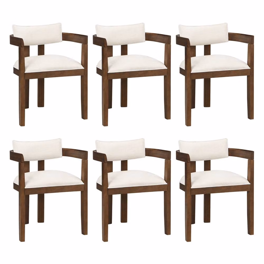Merax Set of 6 Upholstered Dining Chairs with Armrests and Walnut Solid Wood Frame in Beige and Brown – 5