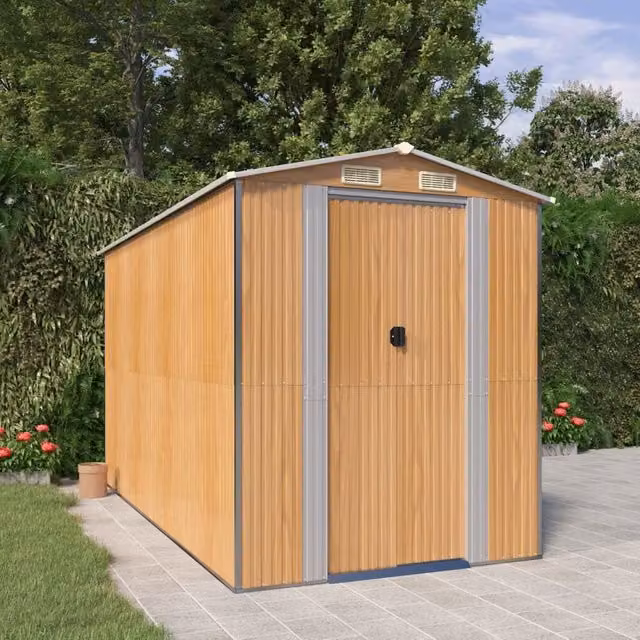 Berkfield Home Garden Shed in Light Brown, Galvanised Steel with Sliding Doors and Side Vent, W/D/H: 357 x 192 x 223 cm