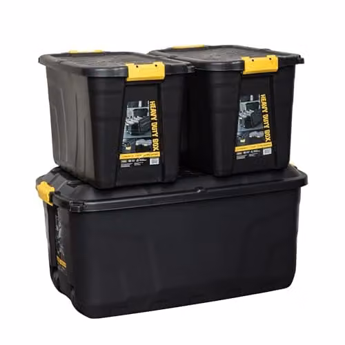 Samuel ALEXANDER Heavy Duty Lockable Stackable Storage Trunks on Wheels, Black, 1 x 145L and 2 x 60L