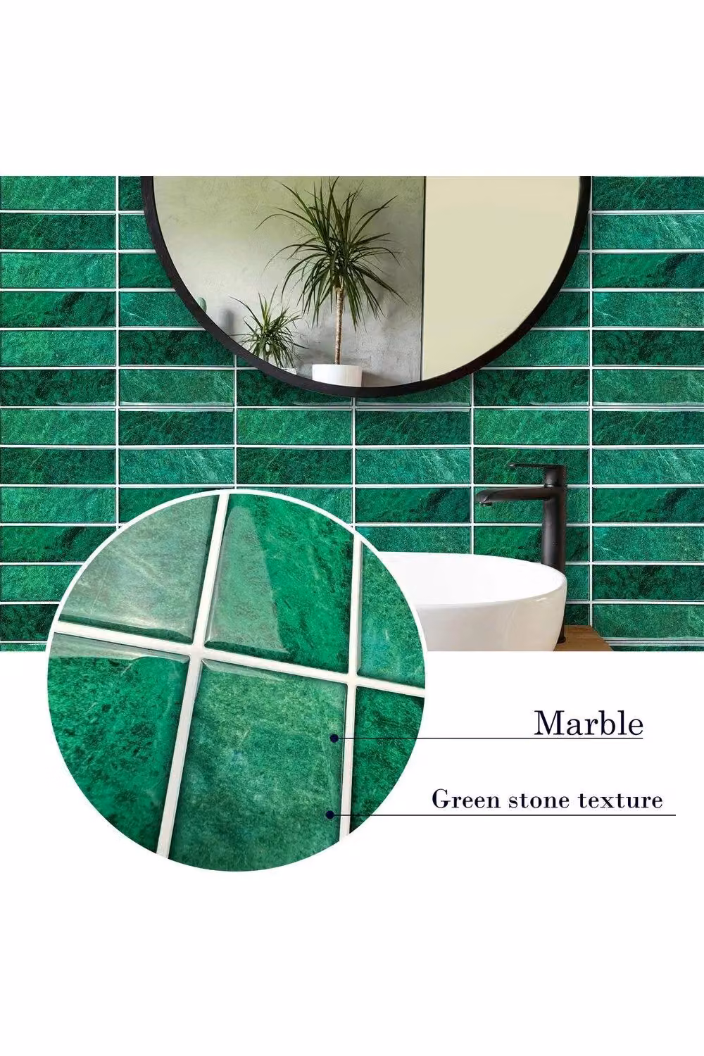 H&O Direct 10-Piece Green Stone Texture Waterproof Rectangular Adhesive Wall Stickers – 2