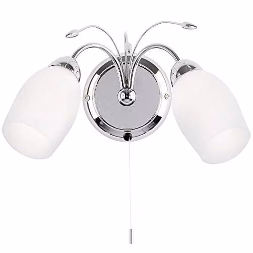 Loops Modern LED Twin Wall Light in Chrome with White Glass Shades, Dimmable Down Facing Fitting