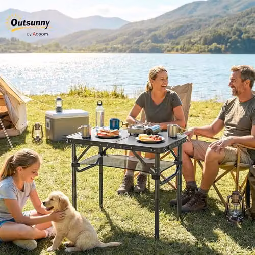 Outsunny Height Adjustable Folding Camping Table with Mesh Storage Layer in Black and Brown, W/D/H: 60 x 60 x 40 cm – 2
