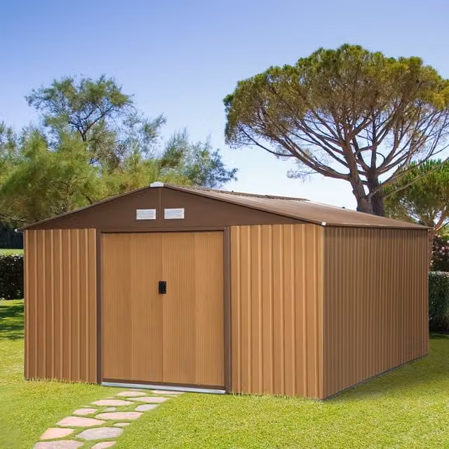 Outsunny Galvanised Metal Outdoor Garden Storage Shed with Pent Roof and Sliding Doors in Brown, W/D/H: 340 x 200 x 200 cm