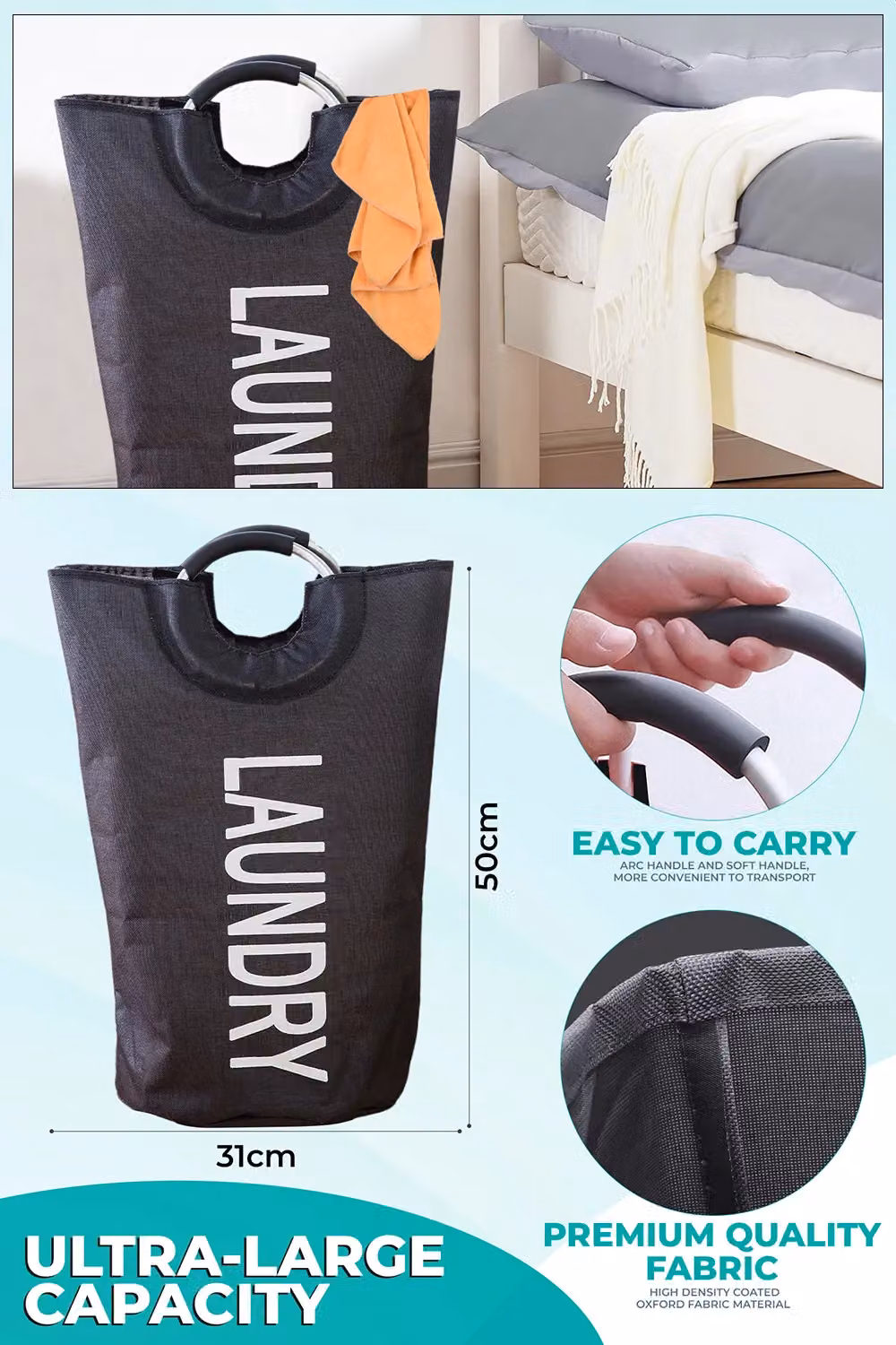 Neel Blue Collapsible 40L Laundry Basket with Padded Handles in Black – 2