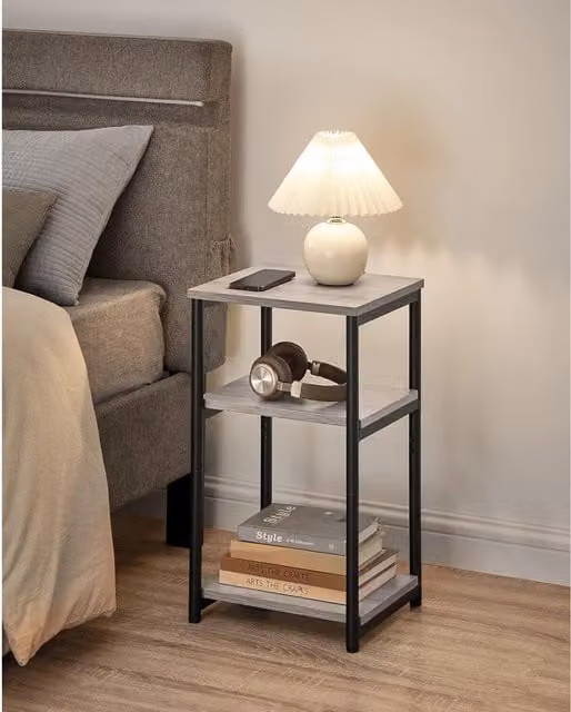 The Bazaarist 3-Tier Industrial Side Table in Grey and Black with Metal and Wood Construction, W/D/H: 58 x 34 x 30 cm