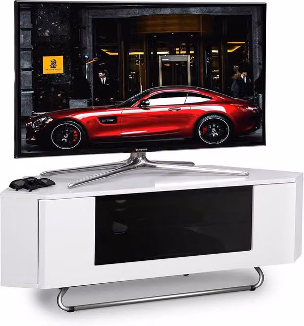 Centurion Supports Hampshire Corner-Friendly Gloss White and Black TV Stand with Remote Friendly Door, W/D/H: 111 x 40 x 41 cm