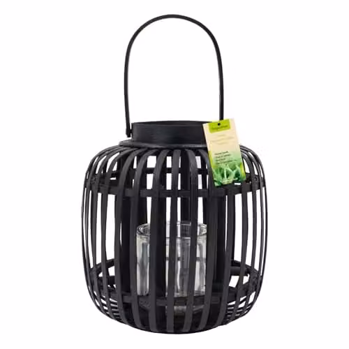 JVL Luna Set of 2 Natural Bamboo Lanterns with Handle, Black, H: 27 cm, W: 23.5 cm, D: 23.5 cm – 1